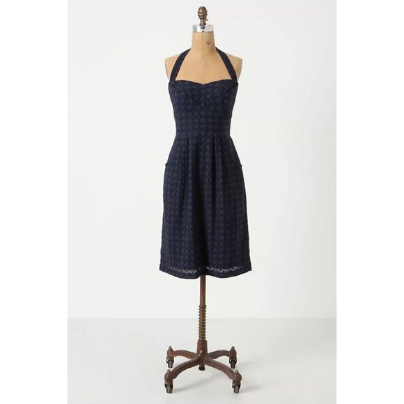 Anthropologie‎ Girls From Savoy Rodna Eyelet Halter Navy Dress Womens 6 Preppy - Picture 1 of 9